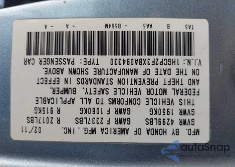 2011 Honda Accord 2.4 Lx z USA, uszkodzony, nr VIN 1HGCP2F3XBA094330